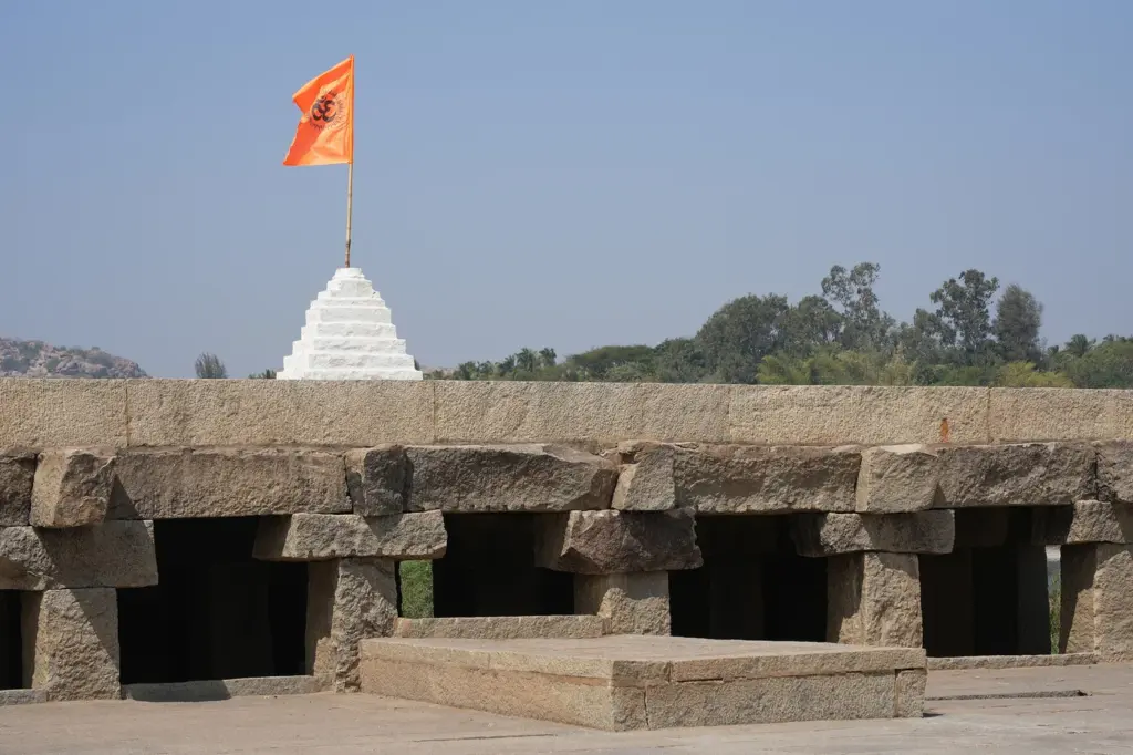 The Purandara Dasa Mantapa, a stone pillared pavilion on the bank of the Tungabhadra at Hampi.