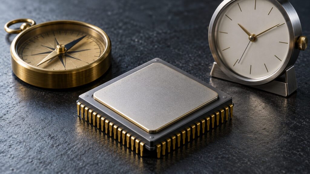Conceptual still life of a security chip, unmarked compass and unmarked clock representing identity, location and time