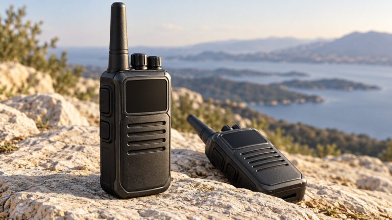 Illustrative pair of unbranded handheld radios with antennas and blank displays