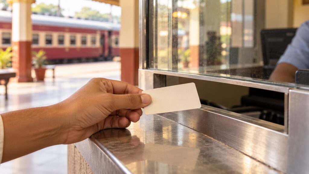 A hand holds a blank card at a railway reservation window, with a train visible in the background.