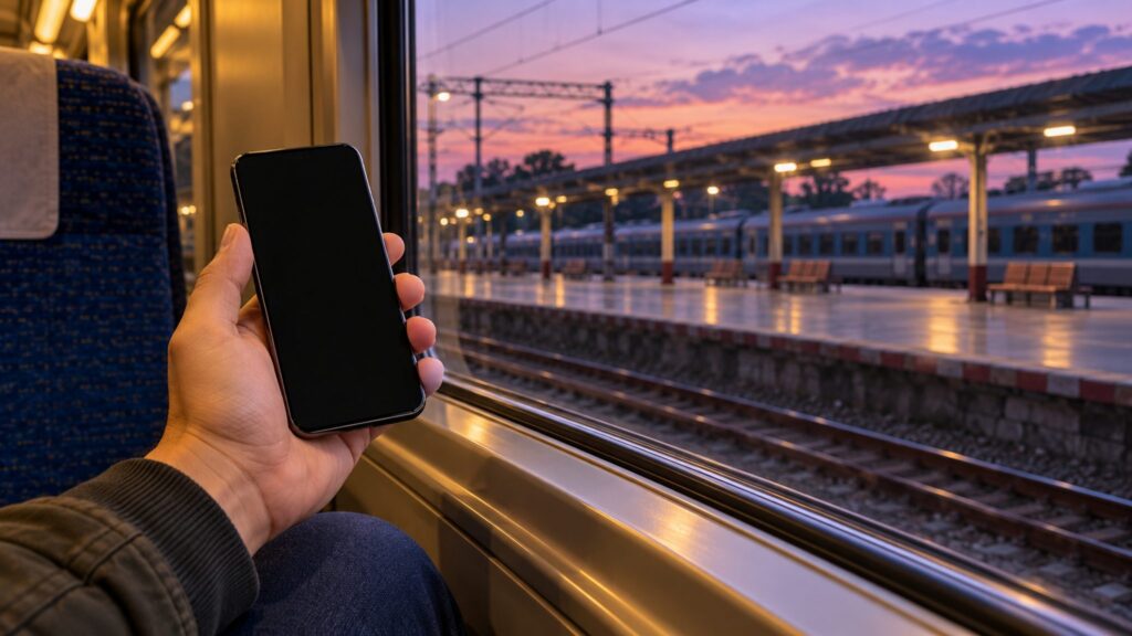 Passenger holding a blank-screen phone beside a train window overlooking a station at dusk.