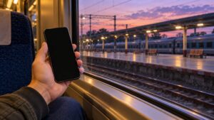 Passenger holding a blank-screen phone beside a train window overlooking a station at dusk.