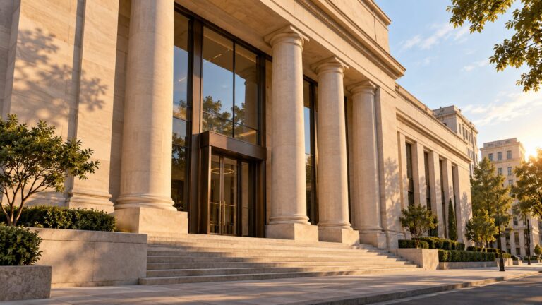 Illustrative unmarked glass and stone bank entrance