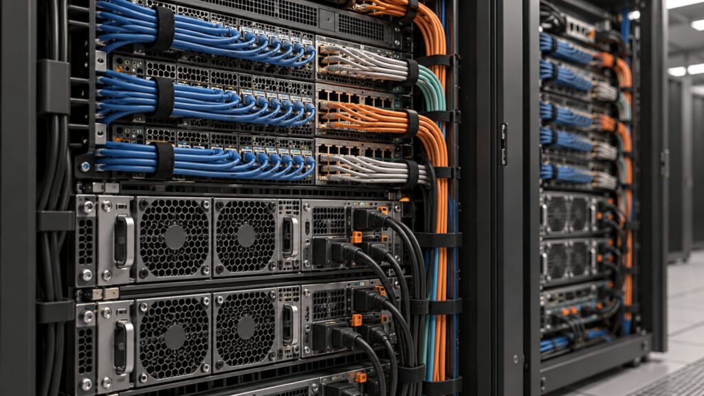 Illustrative server racks and orderly network cables supporting digital financial infrastructure