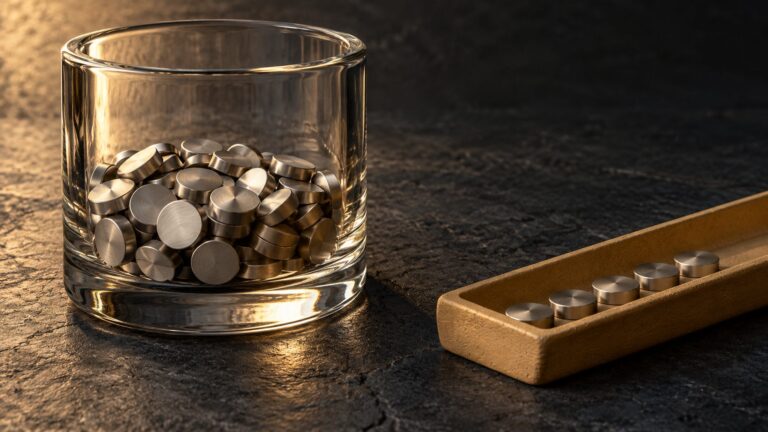 Conceptual illustration of metal counters held in a glass vessel beside a separate flow of counters