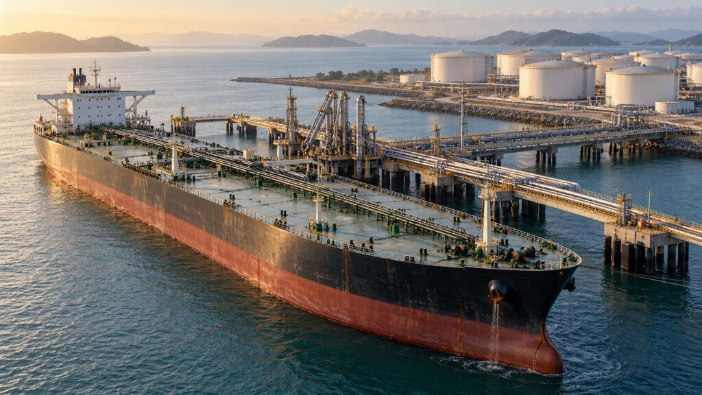 Illustrative oil tanker beside a coastal petroleum terminal and storage tanks
