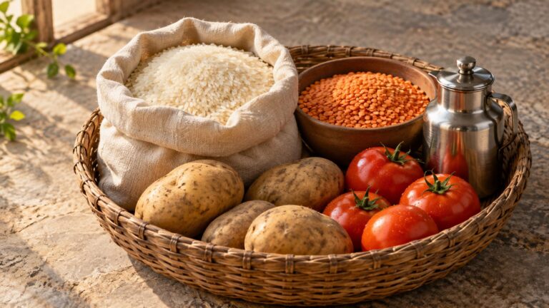 Illustrative basket of everyday groceries including rice, lentils, potatoes and tomatoes.