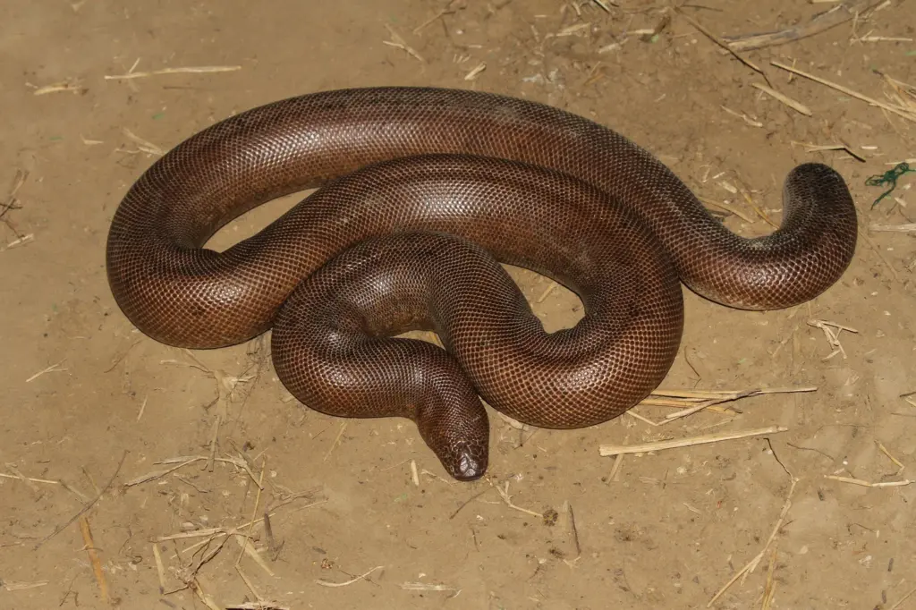 A reddish-brown red sand boa coiled on dry sandy ground.