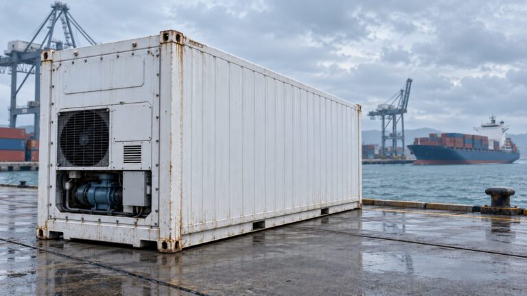 Illustrative refrigerated shipping container with visible cooling machinery at a seaport