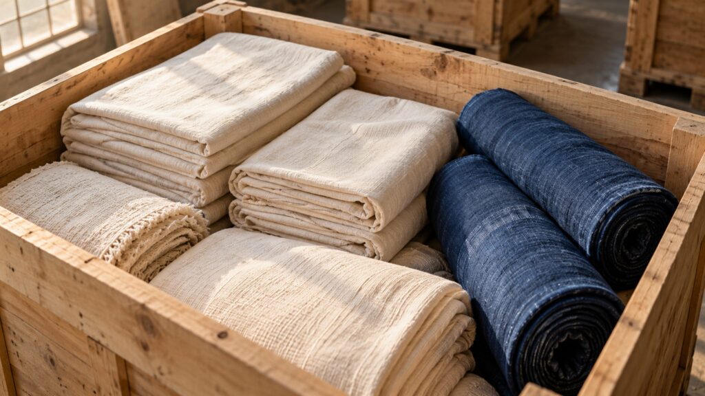 Illustrative folded cotton textiles packed in an unbranded wooden export crate