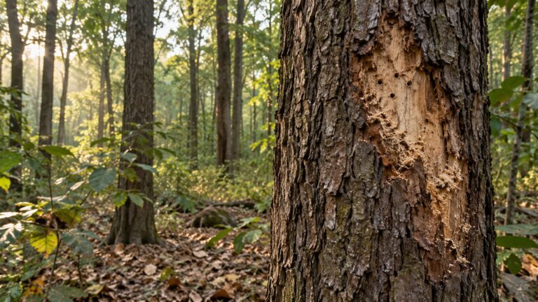 Illustrative damaged bark on a mature tree in a deciduous forest