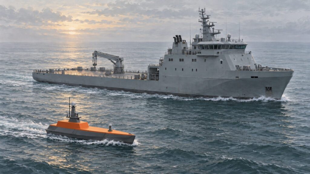 Conceptual illustration of a naval support vessel and a smaller uncrewed surface craft