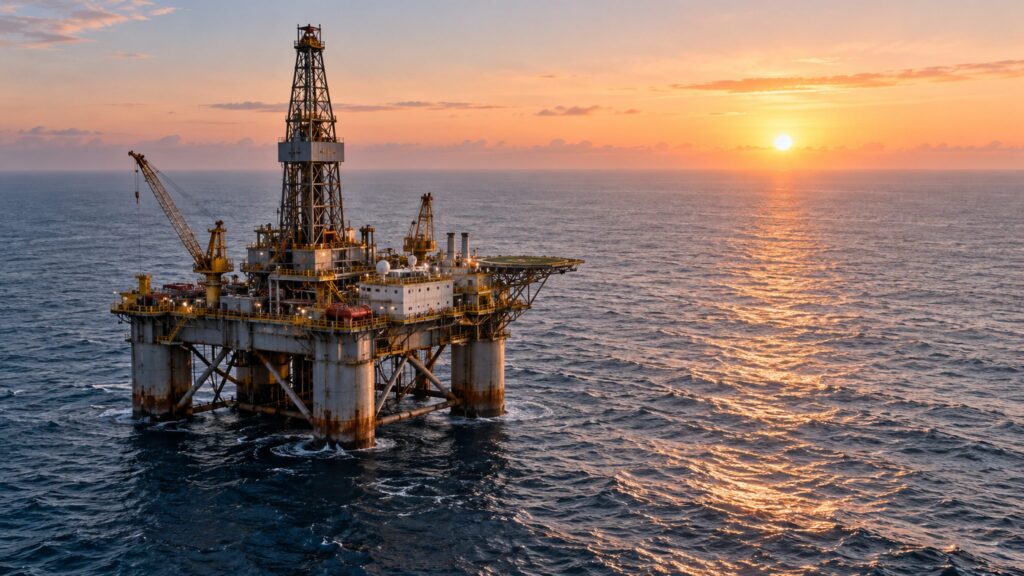 Illustrative offshore drilling platform standing in open water at sunrise