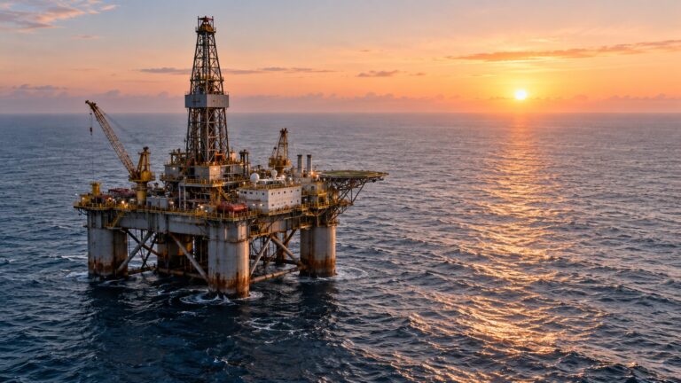 Illustrative offshore drilling platform standing in open water at sunrise