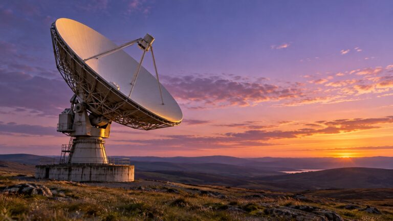 Illustrative satellite ground-station dish in an open landscape at twilight