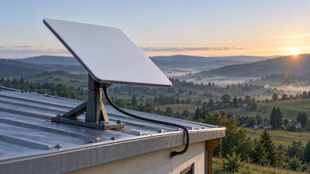 Illustrative flat-panel satellite terminal mounted on a roof with a cable leading indoors