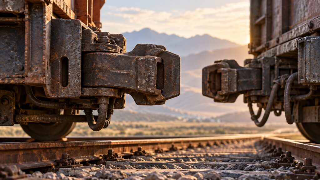 Illustrative close view of two aligned railway couplings representing coordination in regional cooperation