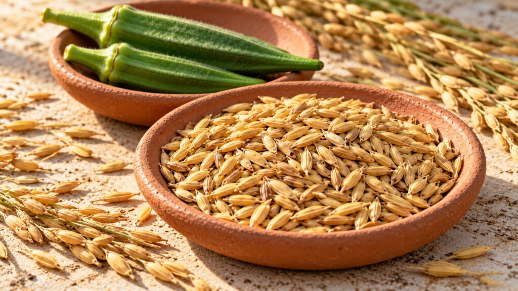 Illustrative unhulled rice and whole okra pods in earthen saucers