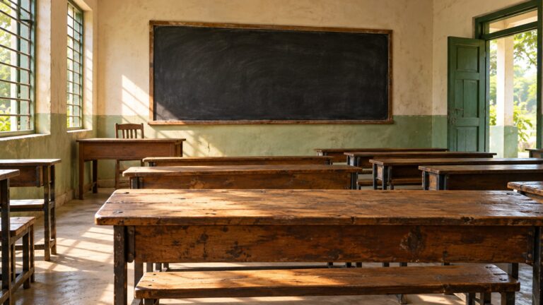 Illustrative public-school classroom with wooden benches, an empty blackboard and sunlight through windows
