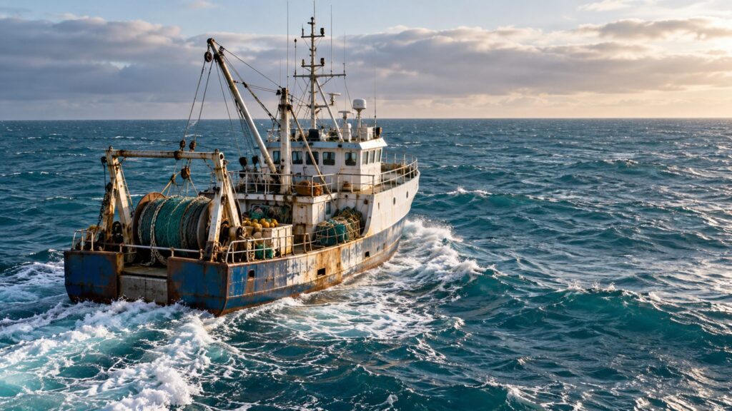 Illustrative fishing vessel on open ocean waters