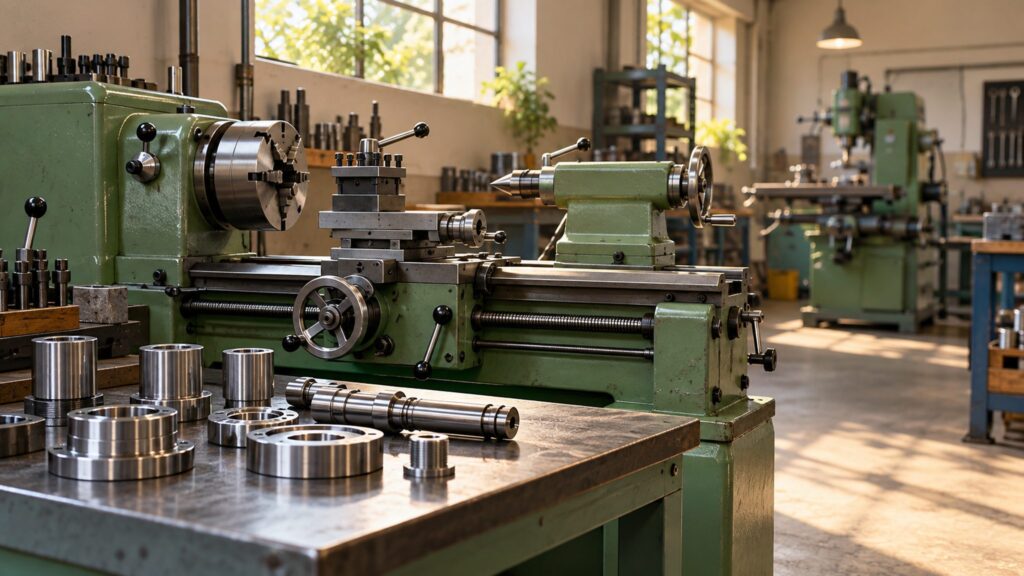 Illustrative precision-engineering workshop with a metal lathe and machined steel parts