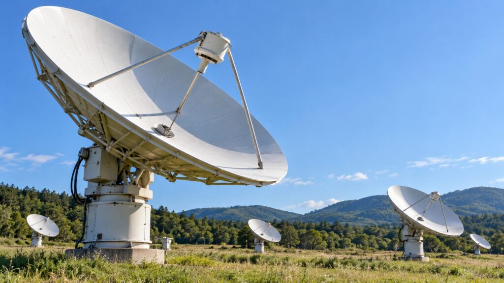 Illustrative solar radio observatory with a parabolic dish and smaller dishes in the background