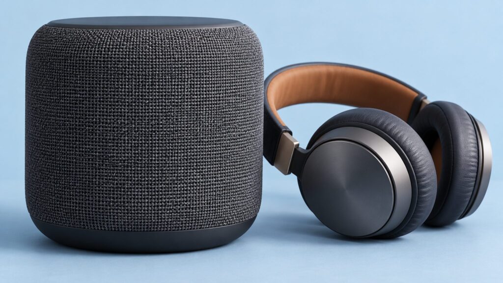 Illustrative compact loudspeaker and headphones for listening to generated speech