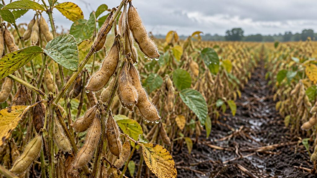 Illustrative mature soybean plants with fuzzy tan pods in a damp field