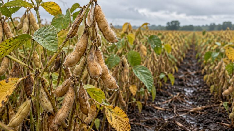 Illustrative mature soybean plants with fuzzy tan pods in a damp field