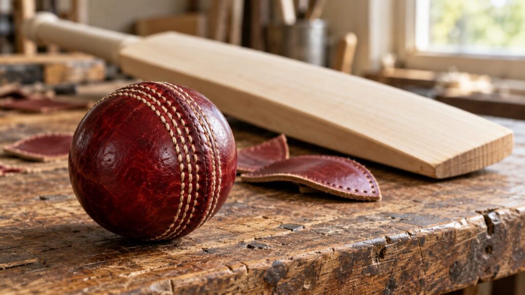 Unbranded stitched cricket ball, leather panels and wooden bat blank in an illustrative sports-goods workshop