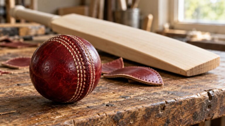 Unbranded stitched cricket ball, leather panels and wooden bat blank in an illustrative sports-goods workshop
