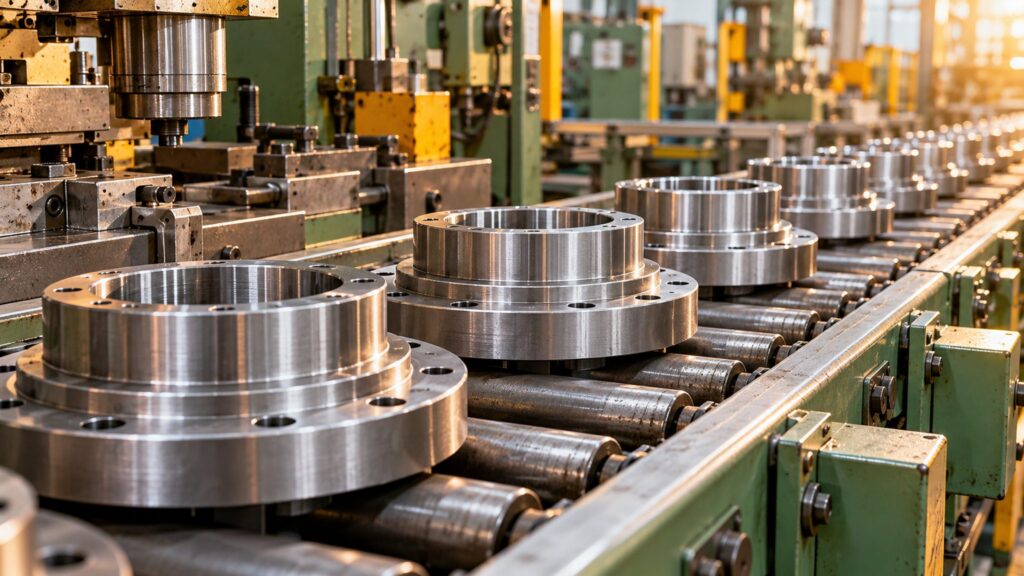 Illustrative metalworking production line with steel components on a roller conveyor.
