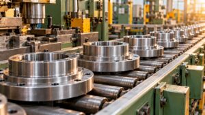 Illustrative metalworking production line with steel components on a roller conveyor.