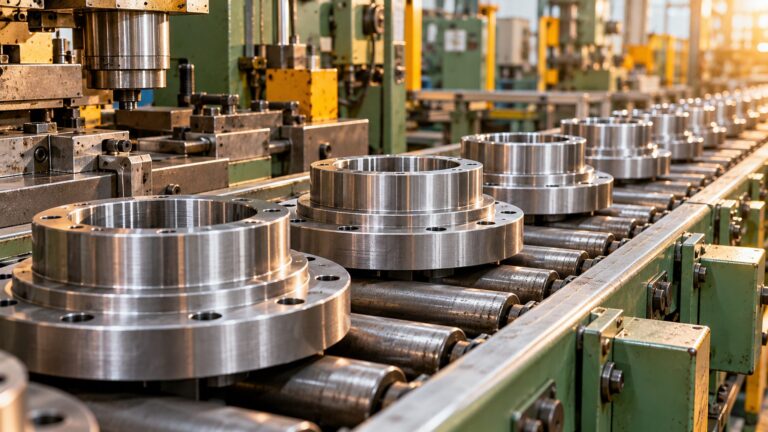 Illustrative metalworking production line with steel components on a roller conveyor.