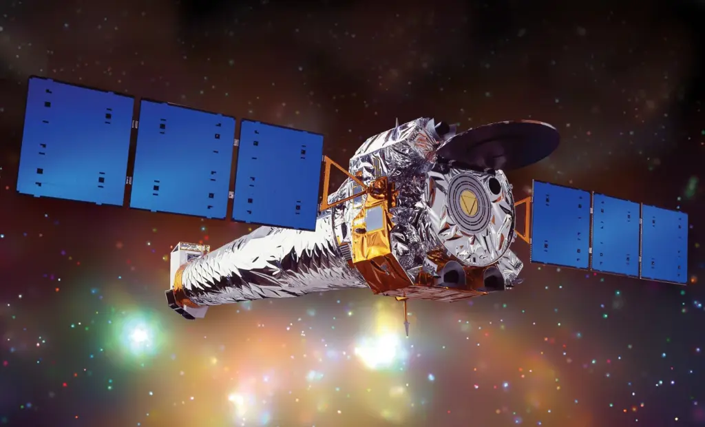 Artist illustration of NASA's Chandra X-ray Observatory in orbit, named after Subrahmanyan Chandrasekhar.