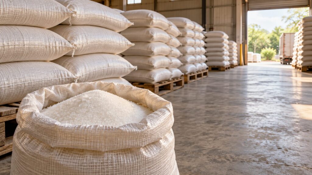Illustrative warehouse scene with unbranded sugar sacks and visible granulated sugar