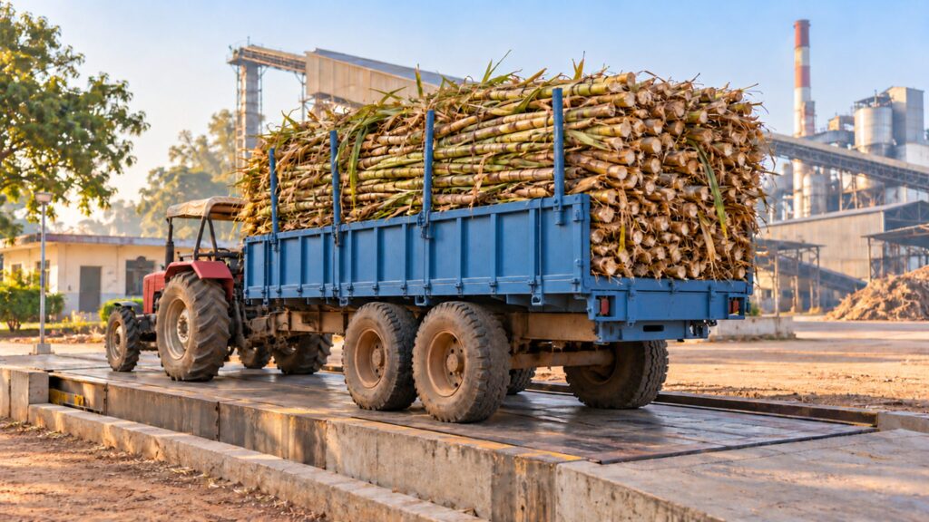 Illustrative sugarcane trailer on a mill weighbridge