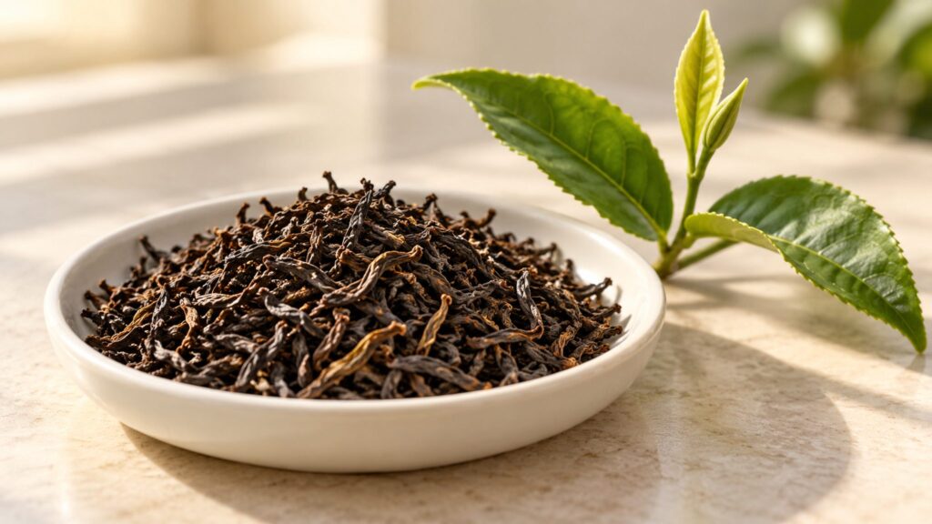Dry black tea leaves in a plain sampling dish beside a fresh tea shoot