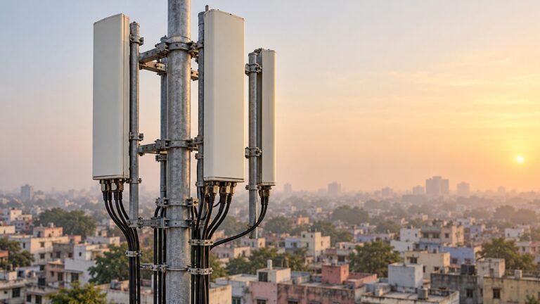 Illustrative cellular antenna panels above distant urban rooftops