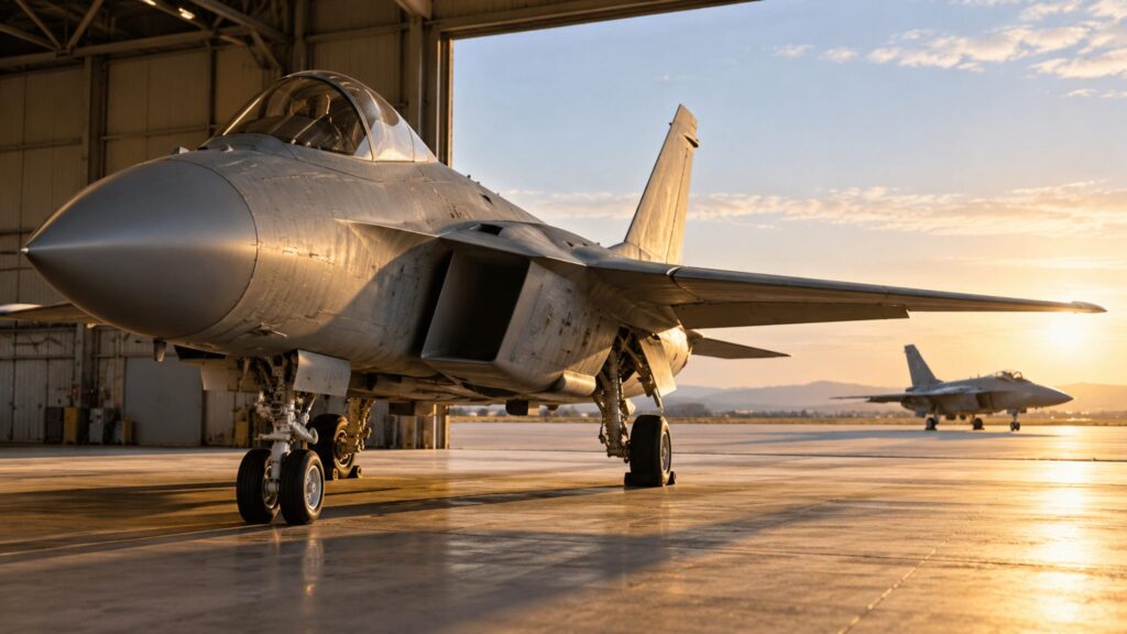 Unmarked jet aircraft parked at an open hangar, with another aircraft on the distant airfield.