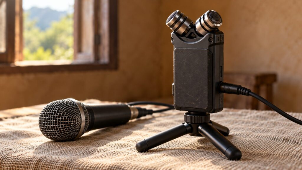 Illustrative portable audio recorder and microphone for language documentation