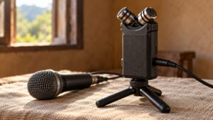 Illustrative portable audio recorder and microphone for language documentation