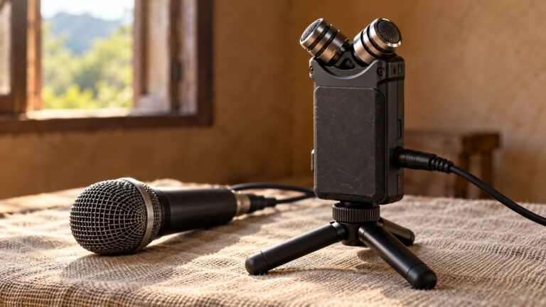 Illustrative portable audio recorder and microphone for language documentation