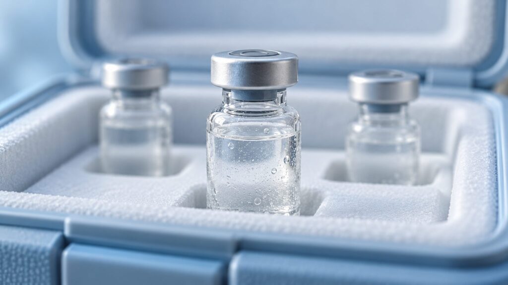 Illustrative unlabelled vials in an insulated cold-chain carrier.