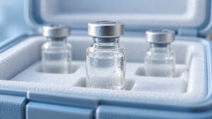 Illustrative unlabelled vials in an insulated cold-chain carrier.