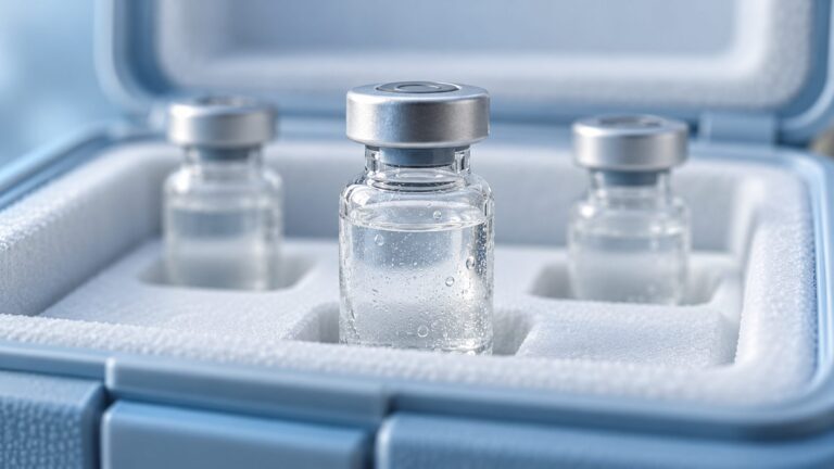 Illustrative unlabelled vials in an insulated cold-chain carrier.