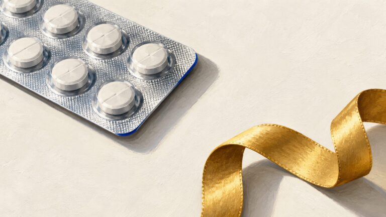 Conceptual painted illustration of a tablet blister strip separated from a gold gift ribbon