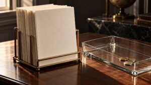 Illustrative still life of blank ledger sheets beside an almost empty glass tray