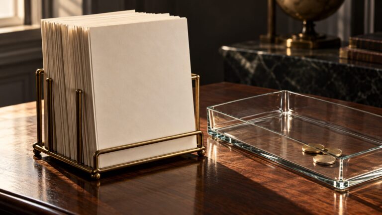 Illustrative still life of blank ledger sheets beside an almost empty glass tray