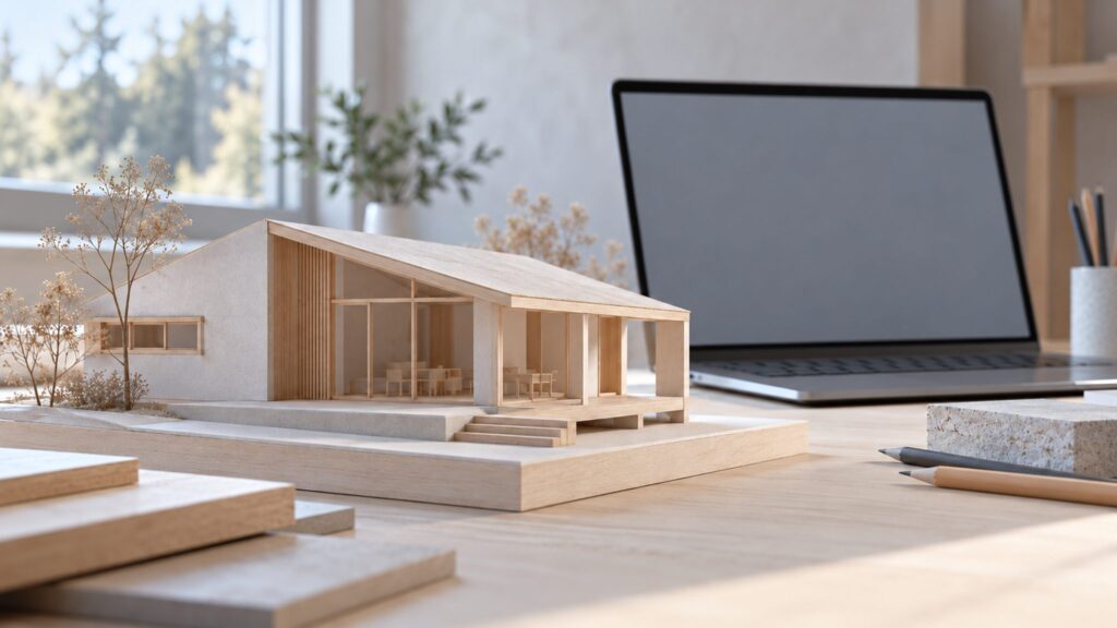 Illustrative architectural model beside a blank-screen laptop, representing a remotely deliverable professional service